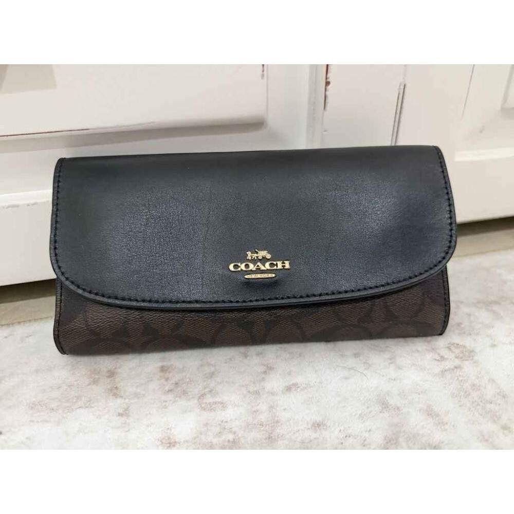 COACH Signature Slim Envelope Checkbook Wallet Brown Black Coated Canvas